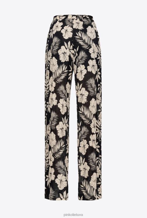 laisvalaikio kelnės | DH06P676 plačios kelnės su grafinėmis gėlių detalėmis Pinko juodas/sviestas