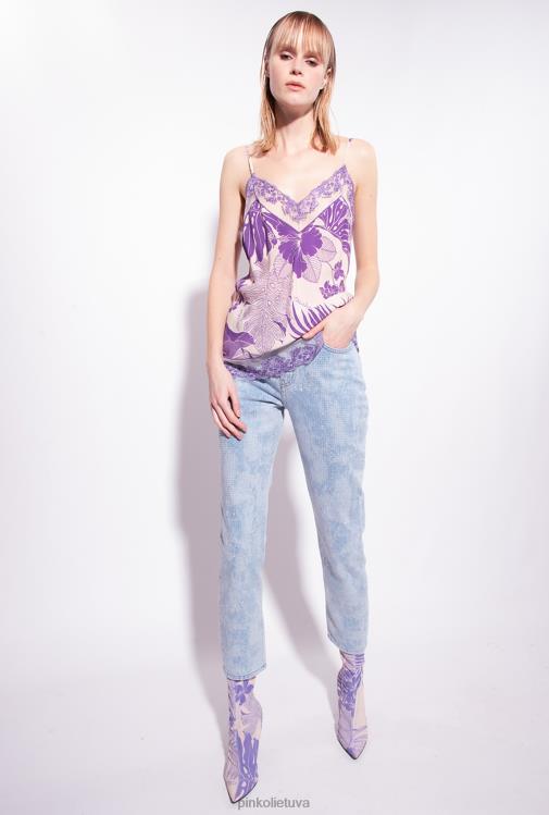 džinsai | DH06P872 ploni marmurinio efekto džinsai su cirkonio akmenimis Pinko balta/šviesiai mėlyna