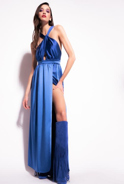 ilgos suknelės | DH06P49 ilga satino suknele su skeltuku Pinko mėlyna