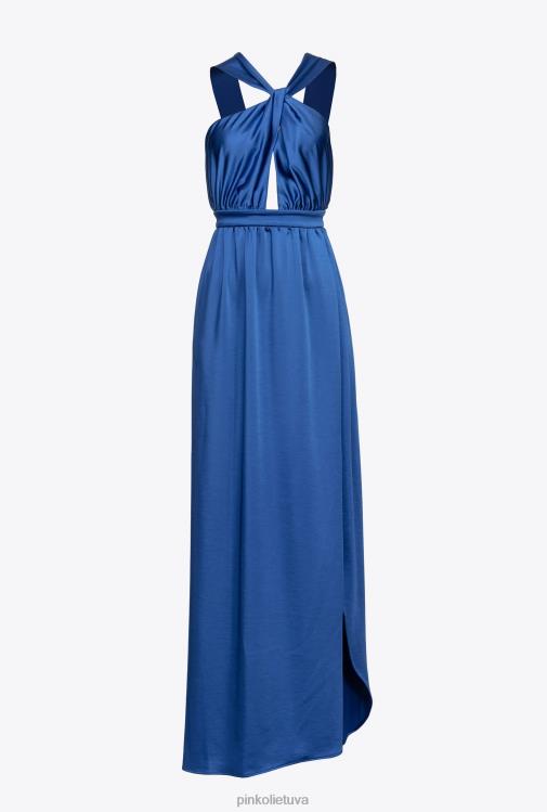 ilgos suknelės | DH06P49 ilga satino suknele su skeltuku Pinko mėlyna