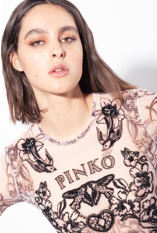 kombinezonai ir marškinėliai | DH06P115 tatuiruotėmis margintas kombinezonas su siuvinėjimu Pinko nuogas/juodas