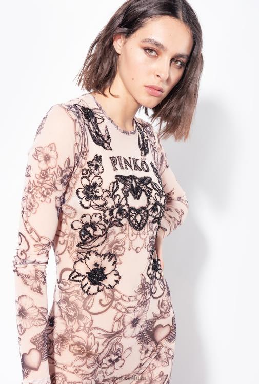 kombinezonai ir marškinėliai | DH06P115 tatuiruotėmis margintas kombinezonas su siuvinėjimu Pinko nuogas/juodas