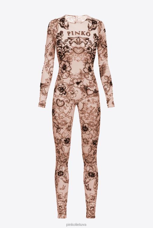 kombinezonai ir marškinėliai | DH06P115 tatuiruotėmis margintas kombinezonas su siuvinėjimu Pinko nuogas/juodas