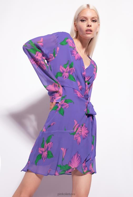 trumpos suknelės | DH06P153 vilkdalgių rašto įvyniojama suknelė Pinko violetinė/rožinė/žalia