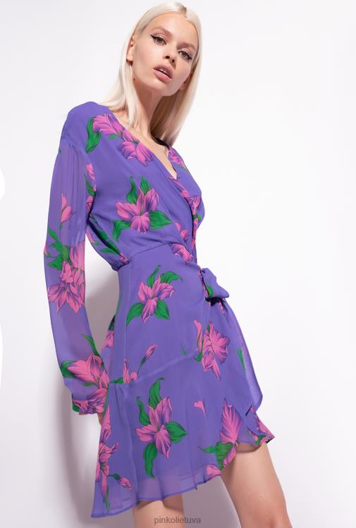 trumpos suknelės | DH06P153 vilkdalgių rašto įvyniojama suknelė Pinko violetinė/rožinė/žalia