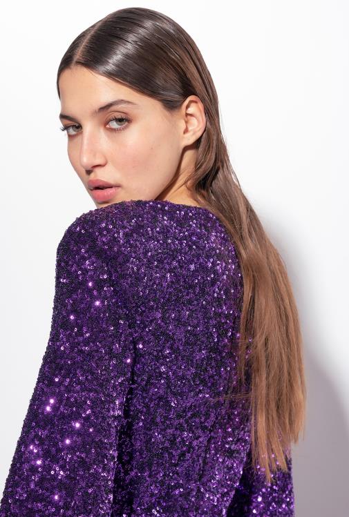 trumpos suknelės | DH06P168 pilnai blizgučiais puošta mini suknelė su kryžmeliu Pinko prizmė violetinė