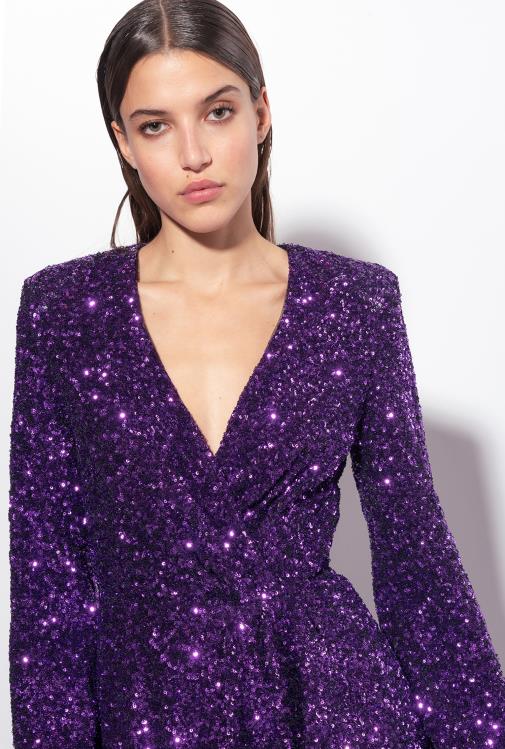 trumpos suknelės | DH06P168 pilnai blizgučiais puošta mini suknelė su kryžmeliu Pinko prizmė violetinė