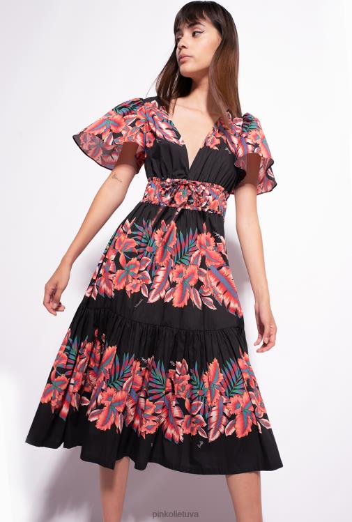 vidutinio ilgio suknelės | DH06P106 tropinio rašto poplino suknelė Pinko keli. juoda/raudona