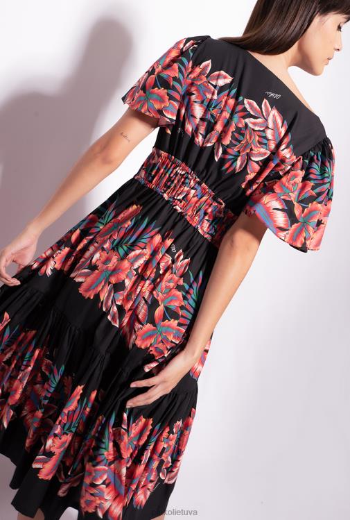 vidutinio ilgio suknelės | DH06P106 tropinio rašto poplino suknelė Pinko keli. juoda/raudona