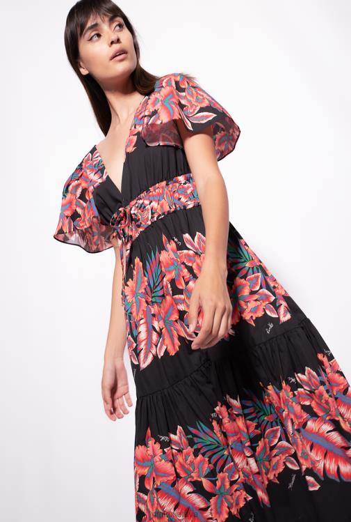 vidutinio ilgio suknelės | DH06P106 tropinio rašto poplino suknelė Pinko keli. juoda/raudona