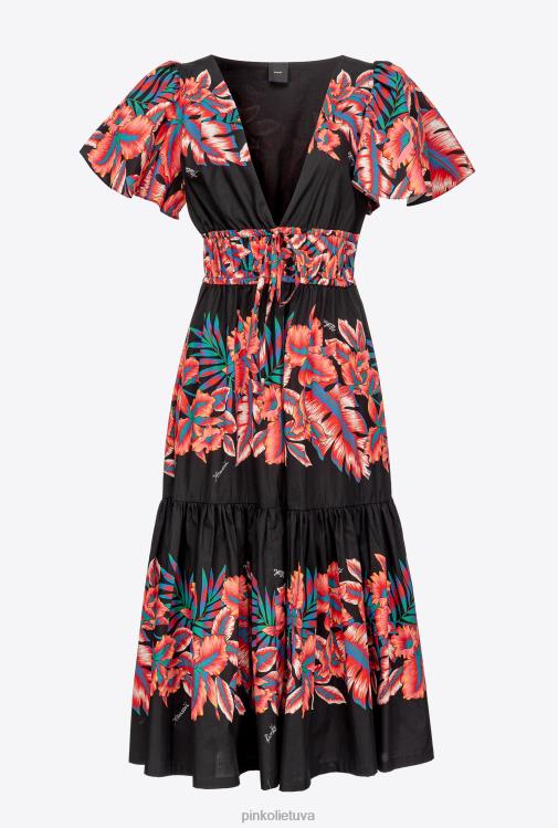 vidutinio ilgio suknelės | DH06P106 tropinio rašto poplino suknelė Pinko keli. juoda/raudona