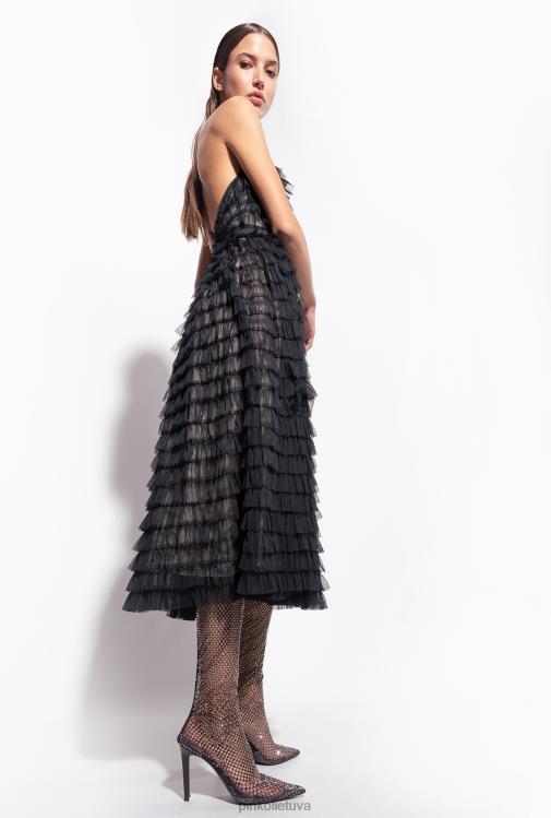 vidutinio ilgio suknelės | DH06P116 raukinto tiulio midi suknelė Pinko juoda/nuoga