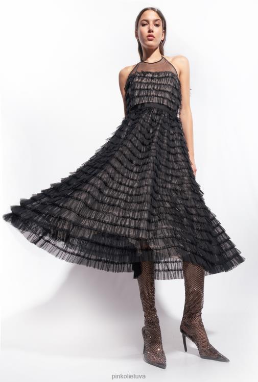 vidutinio ilgio suknelės | DH06P116 raukinto tiulio midi suknelė Pinko juoda/nuoga