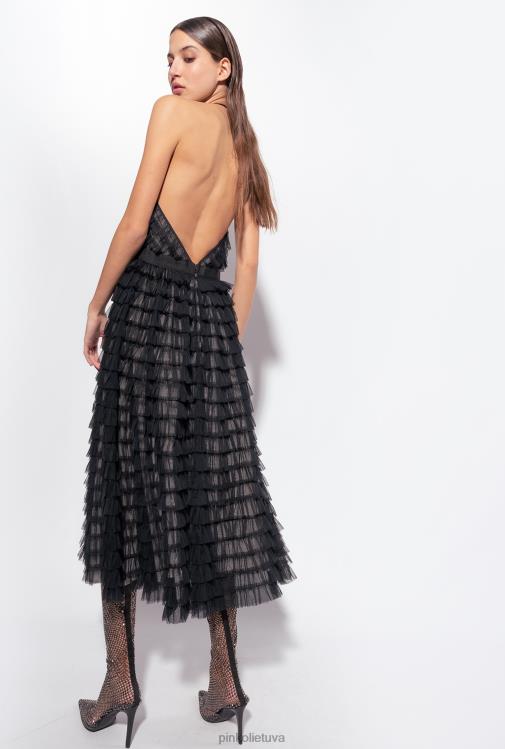 vidutinio ilgio suknelės | DH06P116 raukinto tiulio midi suknelė Pinko juoda/nuoga