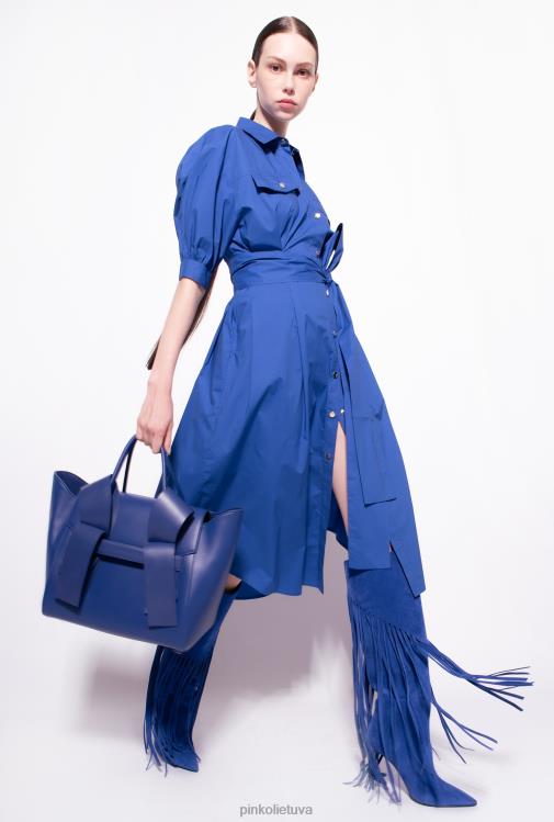 vidutinio ilgio suknelės | DH06P40 medvilninių poplino marškinių suknelė su juostele Pinko mėlyna