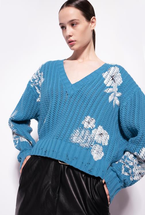 džemperiai | DH06P498 grafinis gėlių rašto megztinis Pinko turkis/sviestinis/juodas