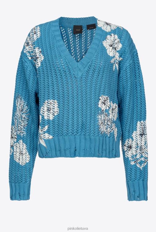 džemperiai | DH06P498 grafinis gėlių rašto megztinis Pinko turkis/sviestinis/juodas