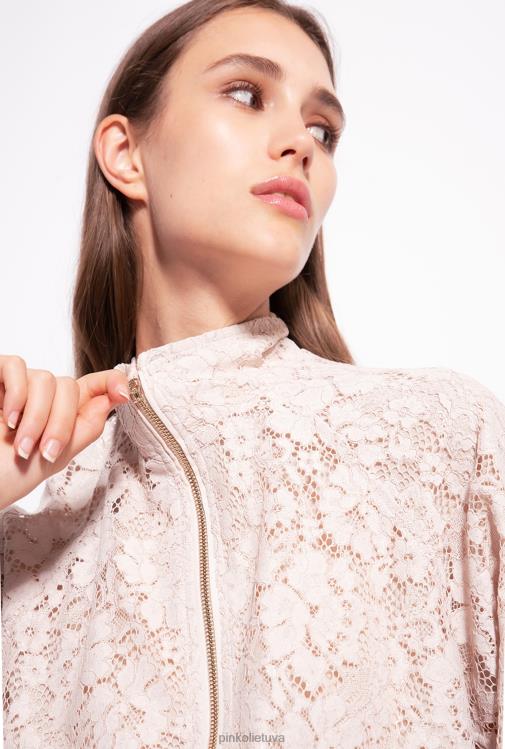 megztiniai | DH06P538 laminuotas nėriniuotas megztinis Pinko smėlio/sidabrinės spalvos