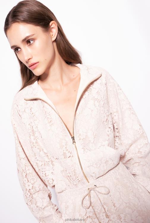 megztiniai | DH06P538 laminuotas nėriniuotas megztinis Pinko smėlio/sidabrinės spalvos