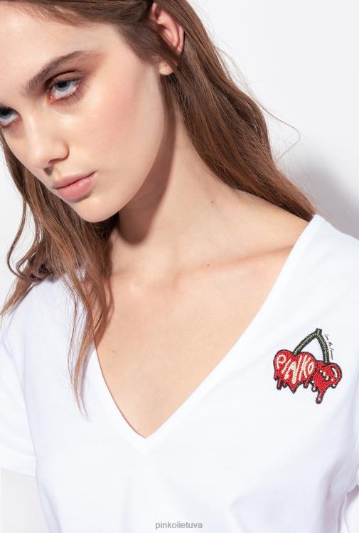 marškinėliai | DH06P453 marškinėliai su vyšnių siuvinėjimu Pinko ryškiai balta