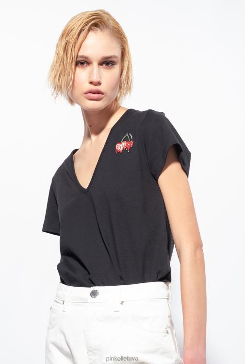 marškinėliai | DH06P454 marškinėliai su vyšnių siuvinėjimu Pinko limuzinas juodas