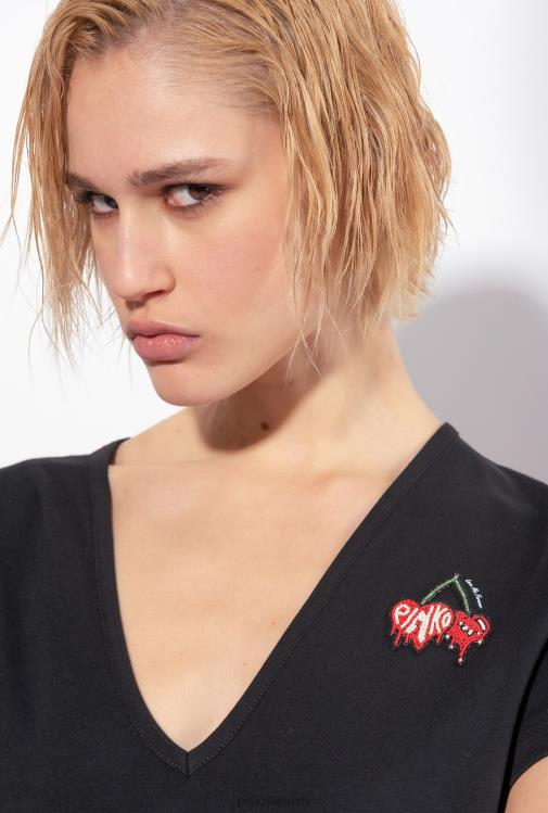 marškinėliai | DH06P454 marškinėliai su vyšnių siuvinėjimu Pinko limuzinas juodas