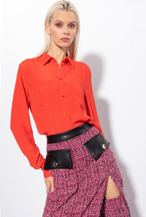 marškiniai | DH06P242 šilko mišinio marškiniai su kišene prie krūtinės Pinko surimi apelsinas