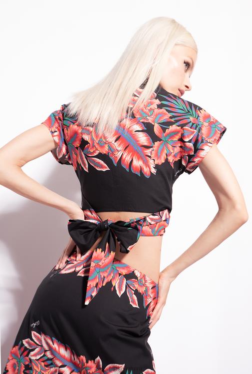 marškiniai | DH06P248 apkarpyti tropinio rašto marškiniai Pinko keli. juoda/raudona