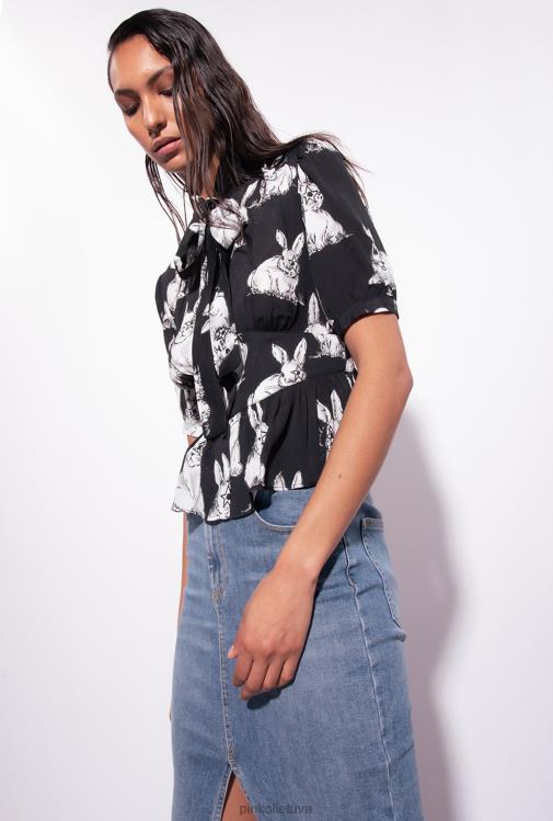 marškiniai | DH06P296 apkarpyti marškiniai su triušio raštu Pinko juoda/pilka/balta