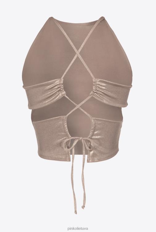 viršuje | DH06P320 šlapio efekto laminuotas džersis apkarpytas viršus Pinko grybų smėlio spalvos