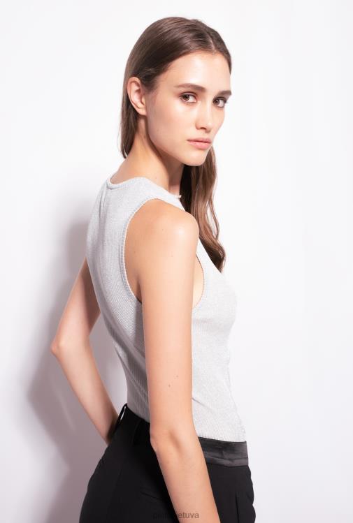 viršuje | DH06P456 Lurex briaunos trikotažo viršutinė dalis su kryžminėmis detalėmis Pinko metalinis sidabras