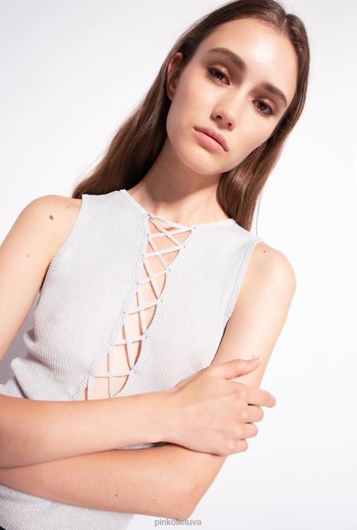 viršuje | DH06P456 Lurex briaunos trikotažo viršutinė dalis su kryžminėmis detalėmis Pinko metalinis sidabras