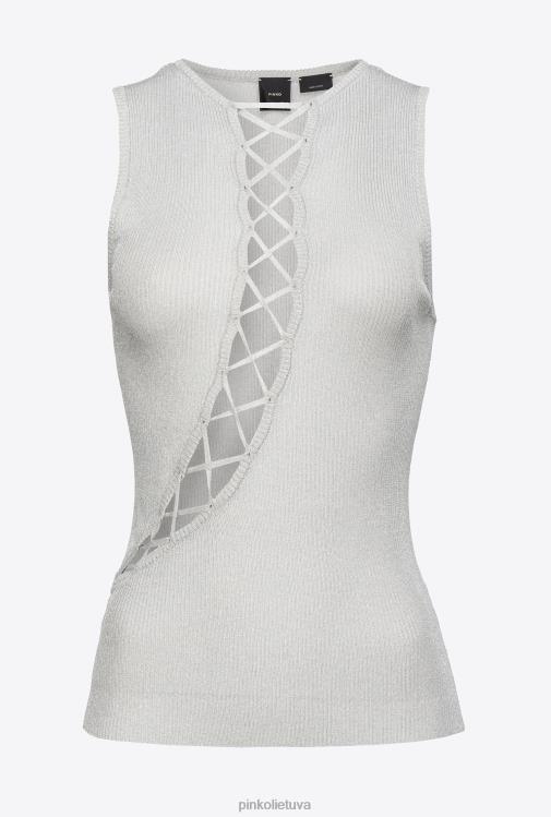 viršuje | DH06P456 Lurex briaunos trikotažo viršutinė dalis su kryžminėmis detalėmis Pinko metalinis sidabras