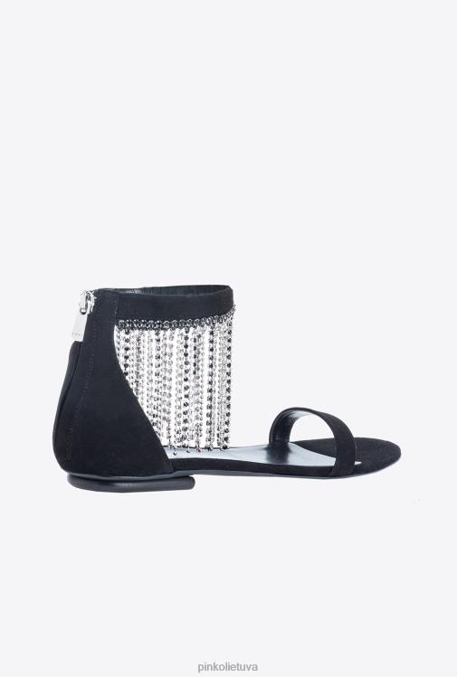 sandalai | DH06P1077 plokščios basutės su kalnų krištolo kutais Pinko limuzinas juodas
