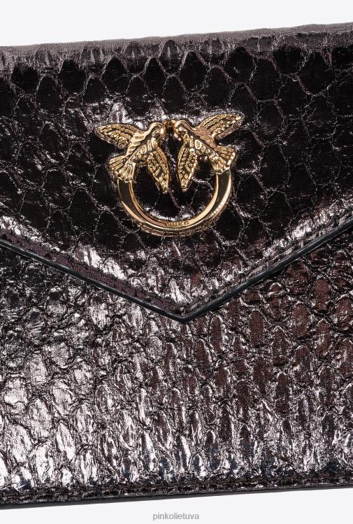 sankabos krepšiai | DH06P1170 Galleria plokščias kortelių laikiklis iš laminuotos roplių odos Pinko gunmetal pilkai blizgus auksas