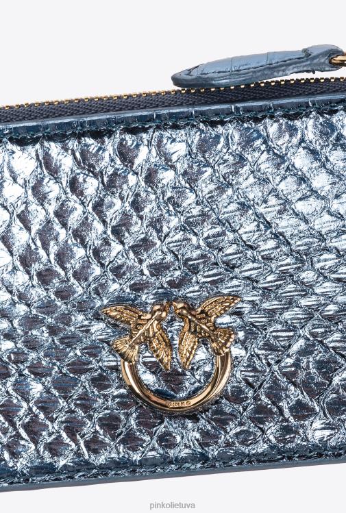 sankabos krepšiai | DH06P1179 Galleria kortelių laikiklis su užtrauktuku iš laminuotos roplių odos Pinko šviesiai mėlynai blizgus auksas