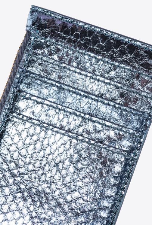 sankabos krepšiai | DH06P1179 Galleria kortelių laikiklis su užtrauktuku iš laminuotos roplių odos Pinko šviesiai mėlynai blizgus auksas