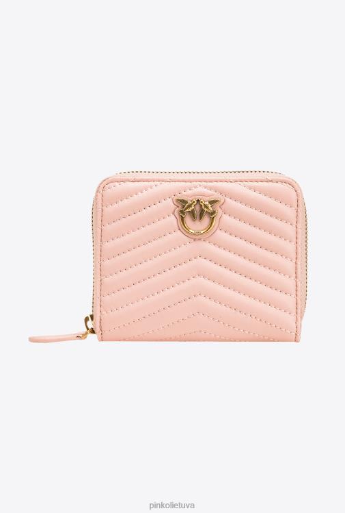 piniginės | DH06P1140 kvadratinė dygsniuota nappa odos piniginė su užtrauktuku Pinko dulkėtas rausvas senovinis auksas