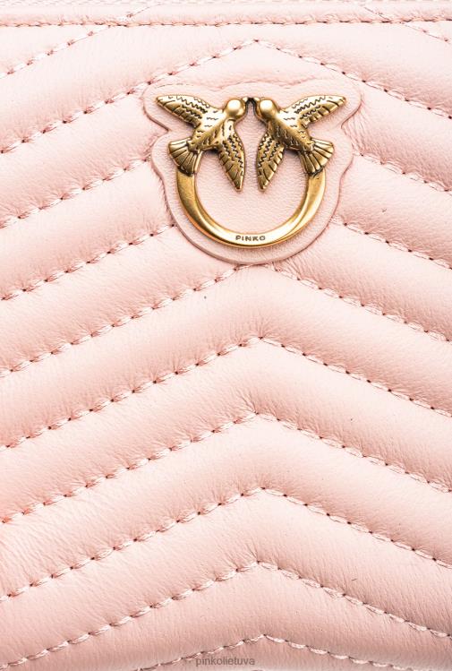 piniginės | DH06P1140 kvadratinė dygsniuota nappa odos piniginė su užtrauktuku Pinko dulkėtas rausvas senovinis auksas