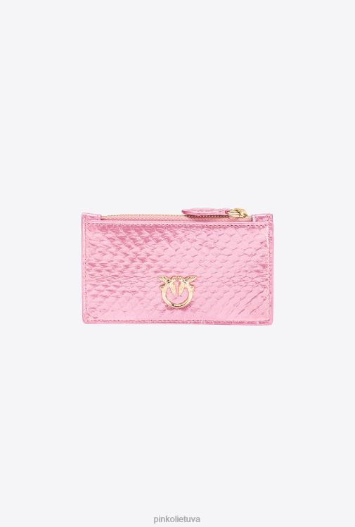 piniginės | DH06P1178 Galleria kortelių laikiklis su užtrauktuku iš laminuotos roplių odos Pinko pudra rausvai blizgus auksas