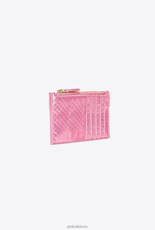 piniginės | DH06P1178 Galleria kortelių laikiklis su užtrauktuku iš laminuotos roplių odos Pinko pudra rausvai blizgus auksas