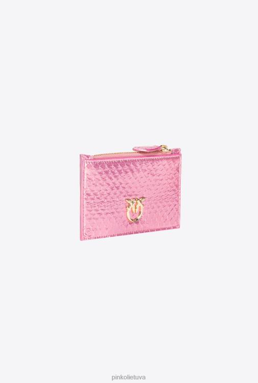 piniginės | DH06P1178 Galleria kortelių laikiklis su užtrauktuku iš laminuotos roplių odos Pinko pudra rausvai blizgus auksas