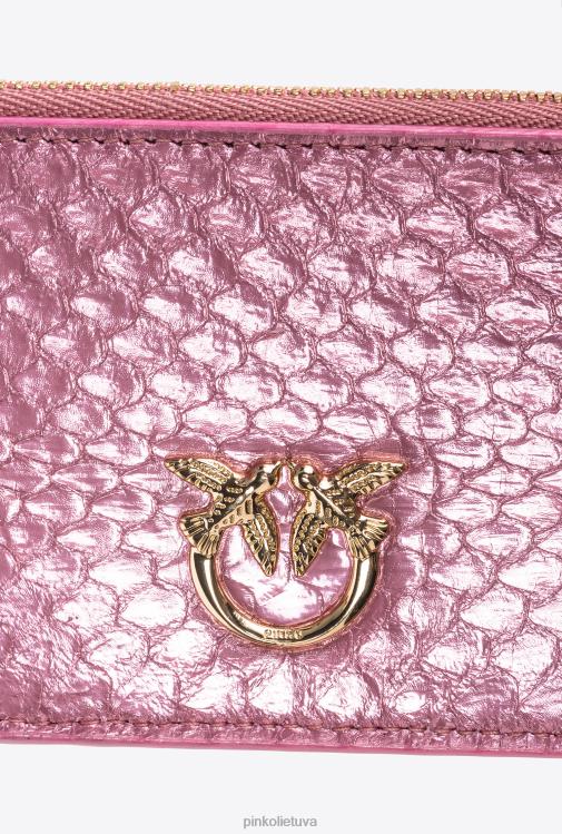 piniginės | DH06P1178 Galleria kortelių laikiklis su užtrauktuku iš laminuotos roplių odos Pinko pudra rausvai blizgus auksas