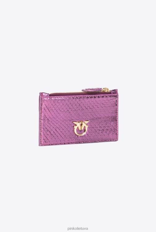 piniginės | DH06P1180 Galleria kortelių laikiklis su užtrauktuku iš laminuotos roplių odos Pinko violetiniu blizgesiu auksu